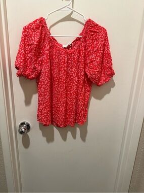 LOFT Red Floral Puff-Sleeve Blouse